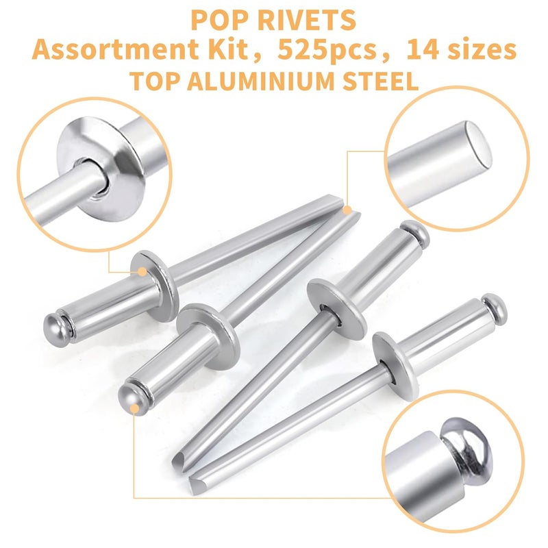 Senyard 525 Pcs pop Rivets, Pop Rivets Assortment Kit, Aluminum Rivets kit, Pop Rivet Set Including (3/32" 1/8" 5/32" 3/16" 1/4"), Assorted Blind Rivets for Metal Dome Head Rivet kit - Image 2